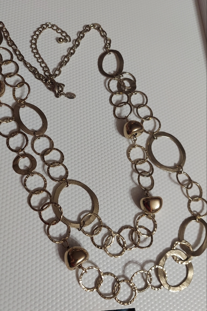 Chico's Textured Gold Tone/Multi-Chain Hammered Circle & Bead Necklace
